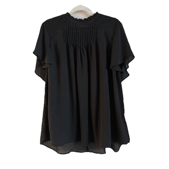 Torrid Georgette Lace Inset Blouse Black Chiffon Short Sleeve Top High Neck 2X - Picture 1 of 14